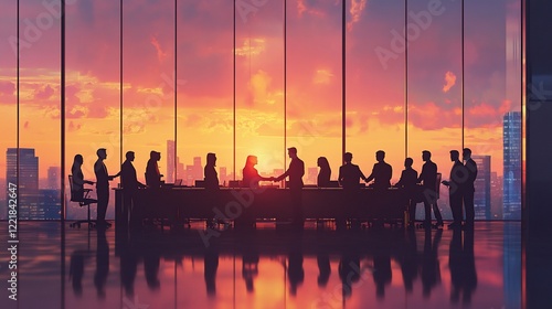 Silhouetted business meeting against a vibrant sunset backdrop.