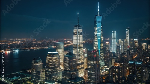 Wallpaper Mural Stunning Aerial View of an Illuminated Cityscape with Skyscrapers by the Waterfront at Night. Torontodigital.ca
