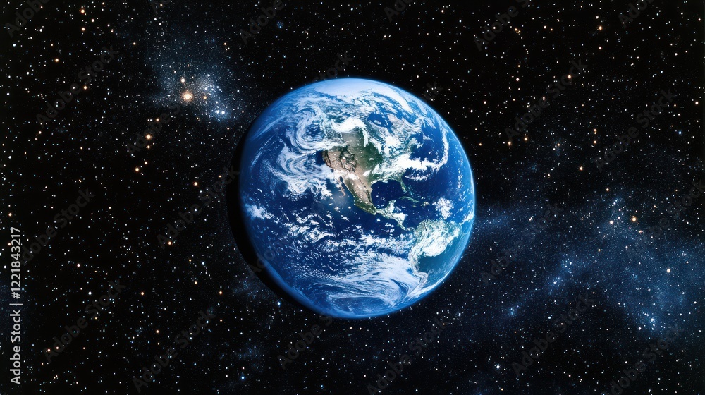 Obraz premium Earth from space, showing continents, clouds, and stars.