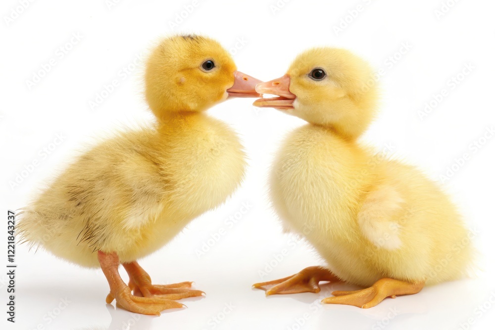 Two Playful Ducklings Interacting on a Soft White Background for Educational Content Two Playful Ducklings Interacting on a Soft White Background for Educational Content