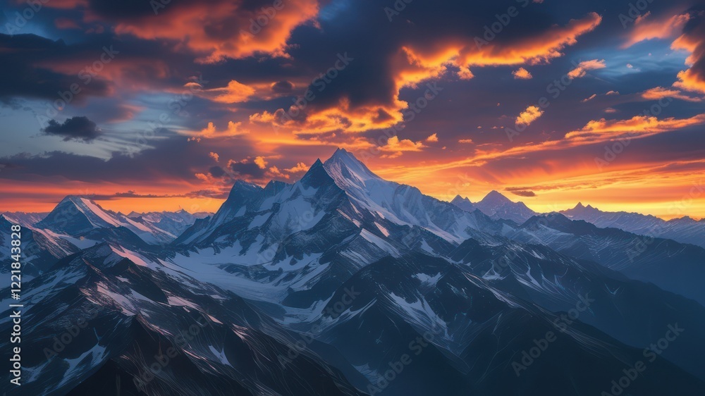 Mountain landscape at sunset with dramatic clouds creating a vibrant sky, showcasing nature's breathtaking beauty Mountain landscape at sunset with dramatic clouds creating a vibrant sky, showcasing nature's breathtaking beauty