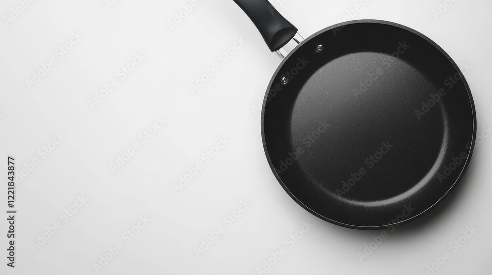 A close-up shot of a modern non-stick frying pan with a silicone handle, placed horizontally on a plain white background. A close-up shot of a modern non-stick frying pan with a silicone handle, placed horizontally on a plain white background.
