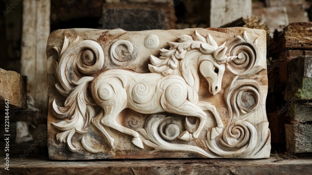 Whimsical Wooden Unicorn Relief Sculpture: A Masterpiece of Intricate Carving Whimsical Wooden Unicorn Relief Sculpture: A Masterpiece of Intricate Carving