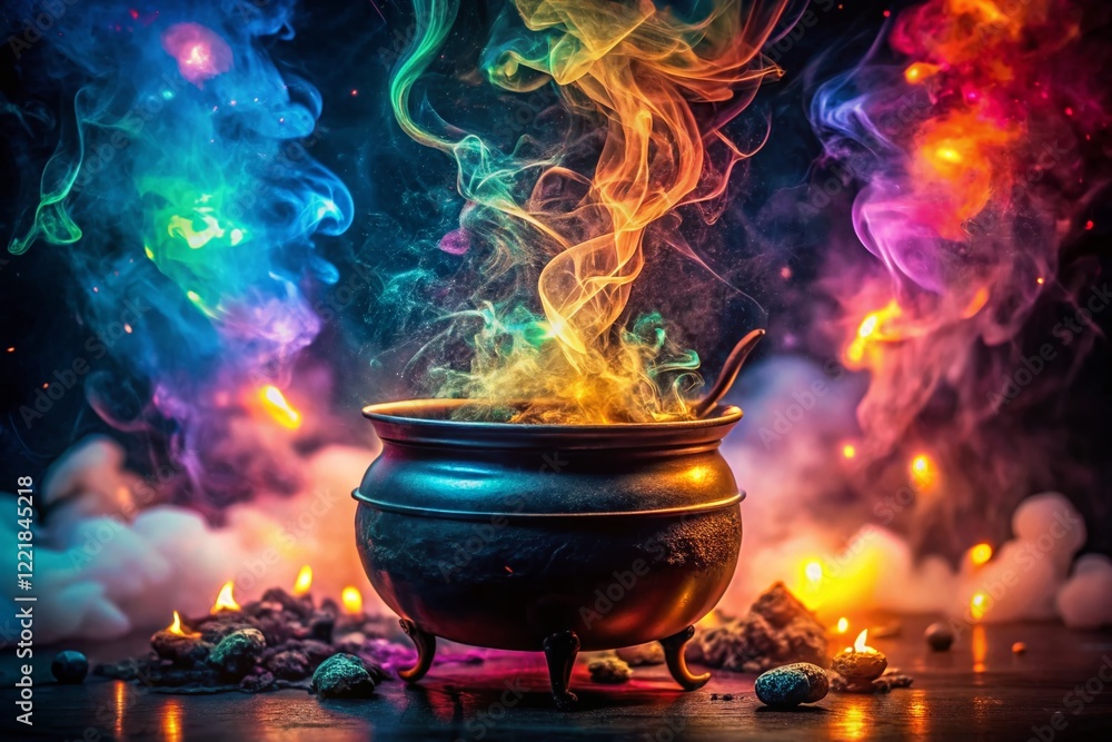 Mystical Cauldron with Colorful Smoke and Bubbles - Bokeh Effect Stock Photo Mystical Cauldron with Colorful Smoke and Bubbles - Bokeh Effect Stock Photo