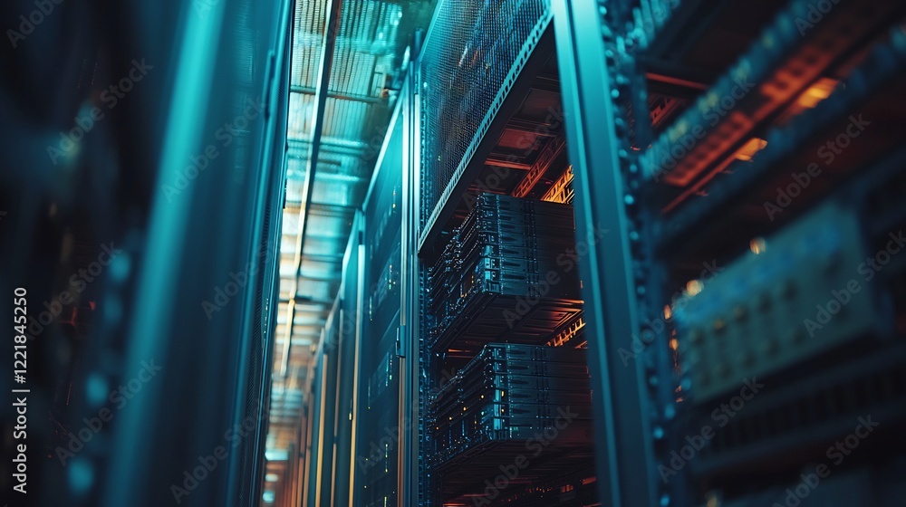 Fototapeta premium Cool blue light illuminates rows of powerful servers inside a data center. AI Generated