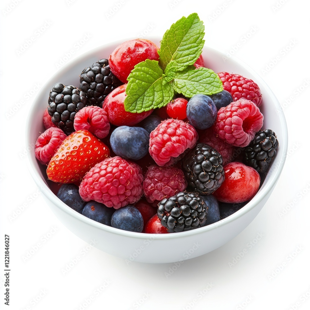 A bowl of colorful mixed berries with mint leaves, isolated white background, surrealism art style A bowl of colorful mixed berries with mint leaves, isolated white background, surrealism art style