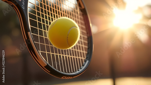 A tennis ball is captured in mid-air, just before making contact with a tennis racket, with the sun shining brightly in the background photo