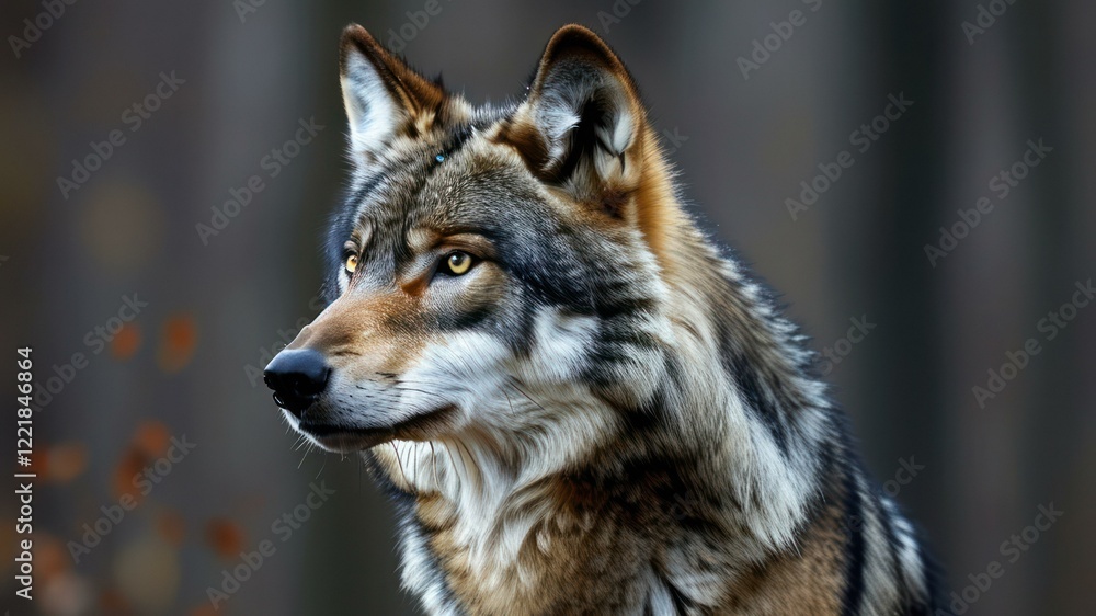 Wolf portrait showcasing intense gaze in natural forest habitat, symbolizing strength and wild beauty Wolf portrait showcasing intense gaze in natural forest habitat, symbolizing strength and wild beauty