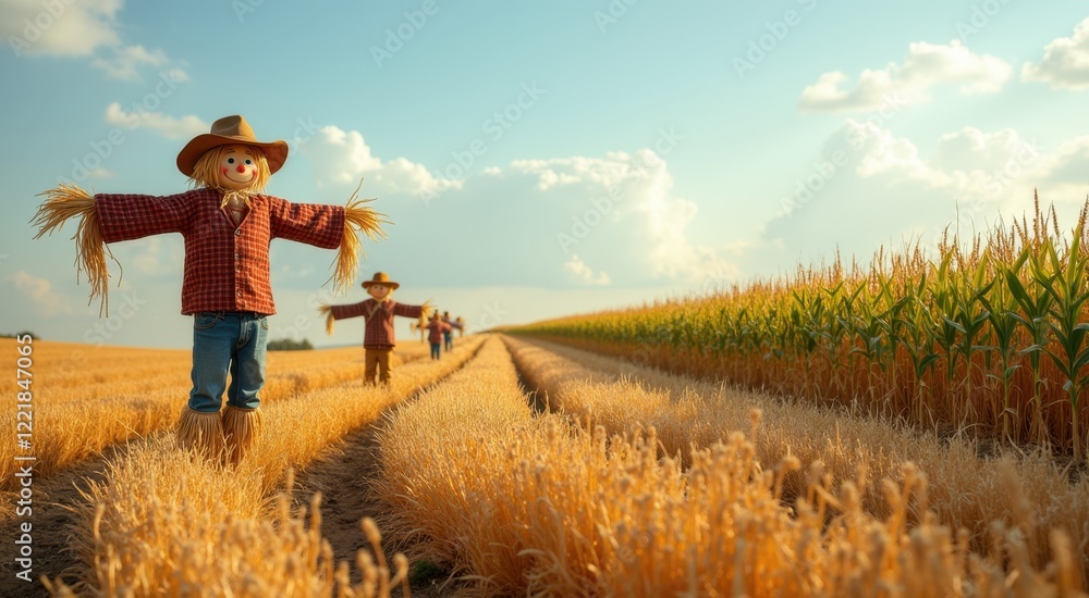 Arafed scarecrows in a corn field with a sky background Arafed scarecrows in a corn field with a sky background
