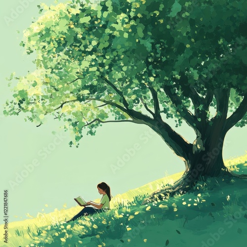 Woman Reading a Book Under a Large Green Tree
