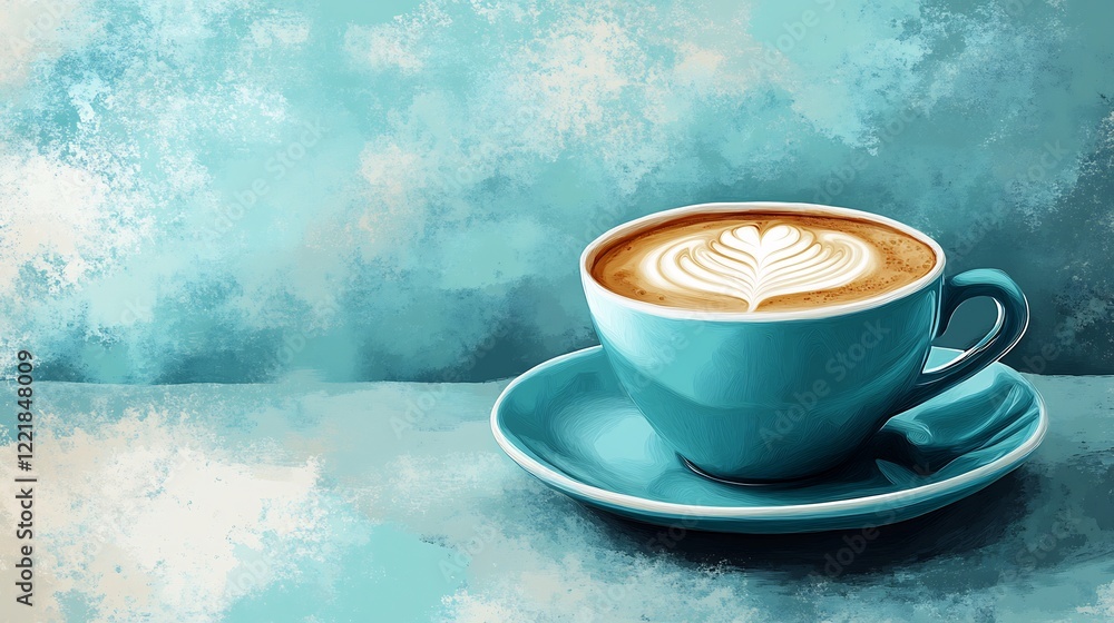 Obraz premium Serene teal latte art sits calmly against a soft aqua background. AI Generated