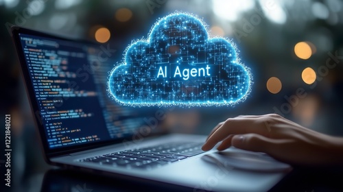 An AI agent virtual cloud hologram and a laptop computer symbolizing agentic digital autonomy using teamwork and human collaboration in the autonomous workforce