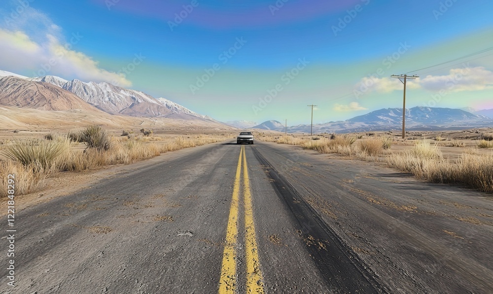 Car driving on desert highway towards snowy mountains under colorful sky. Car driving on desert highway towards snowy mountains under colorful sky.