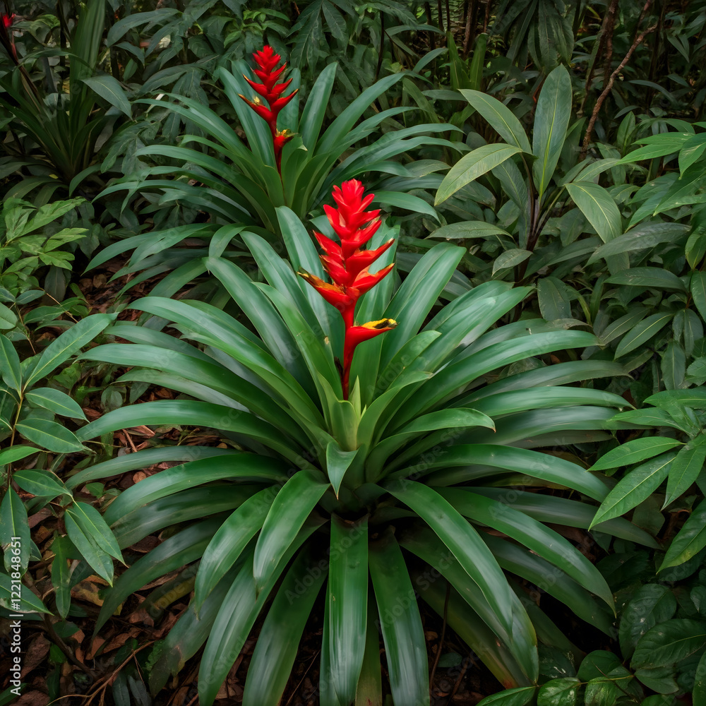 Obraz premium Lush green foliage with vibrant red flowers in a tropical setting, showcasing the beauty of nature