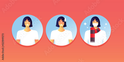 cute girls' character collection from healthy to fever vector illustration