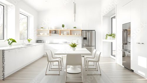 Wallpaper Mural A modern white kitchen with stainless steel appliances, a large island, and a dining table Torontodigital.ca