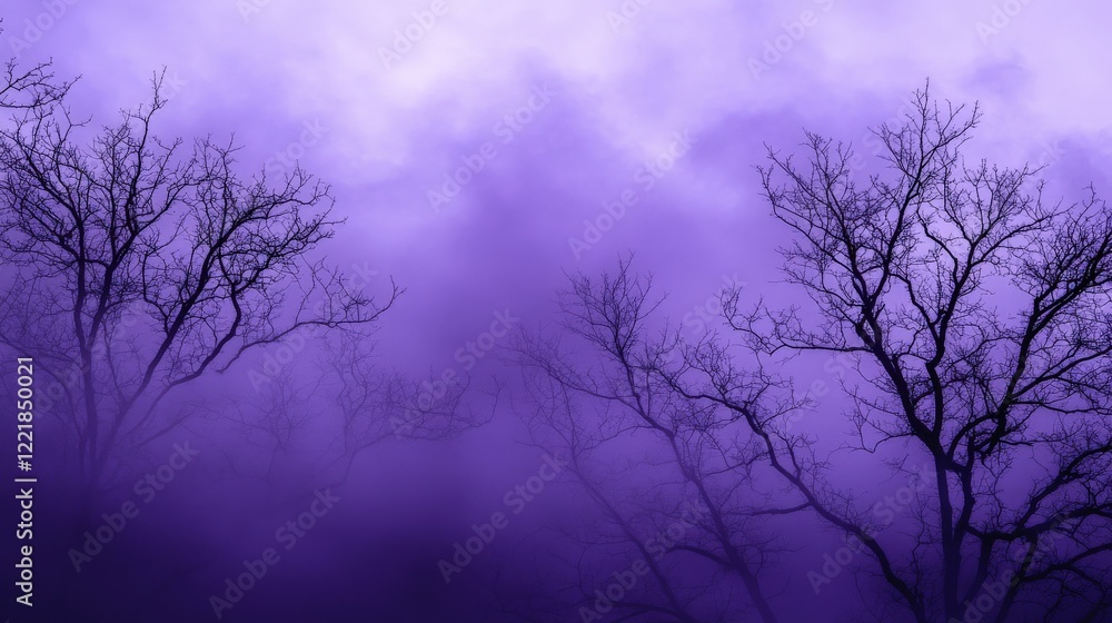 Dark Silhouettes of Trees Against Ethereal Purple Misty Background Dark Silhouettes of Trees Against Ethereal Purple Misty Background