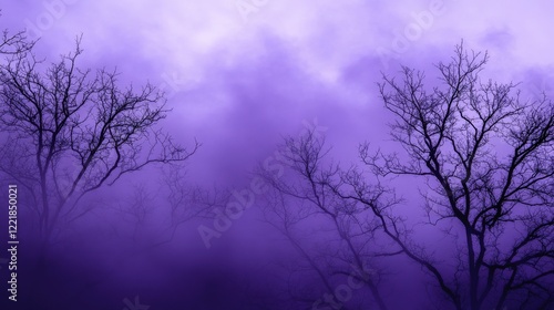 Dark Silhouettes of Trees Against Ethereal Purple Misty Background