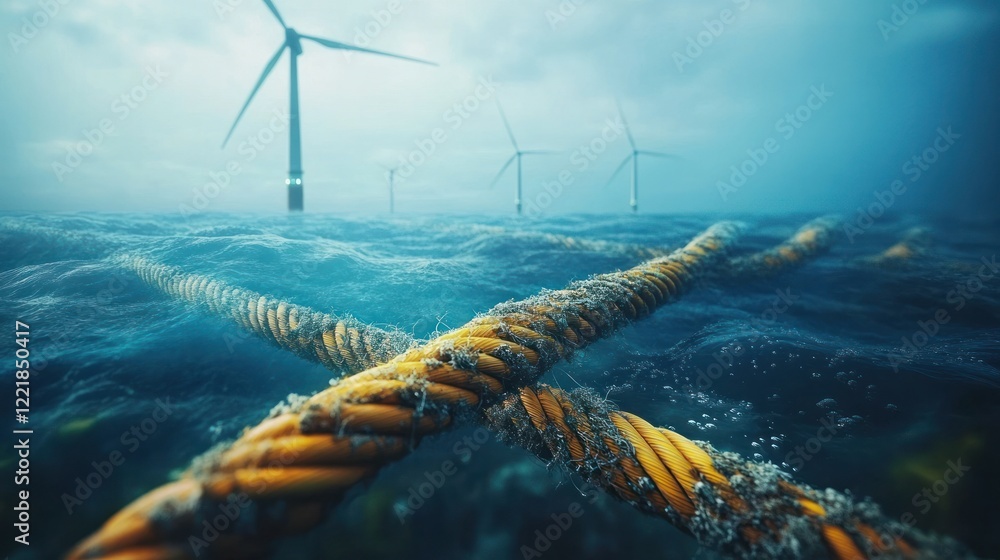 Obraz premium Underwater view of an offshore wind farm with turbines generating renewable energy amidst calm waves and tangled ropes in the tranquil blue ocean