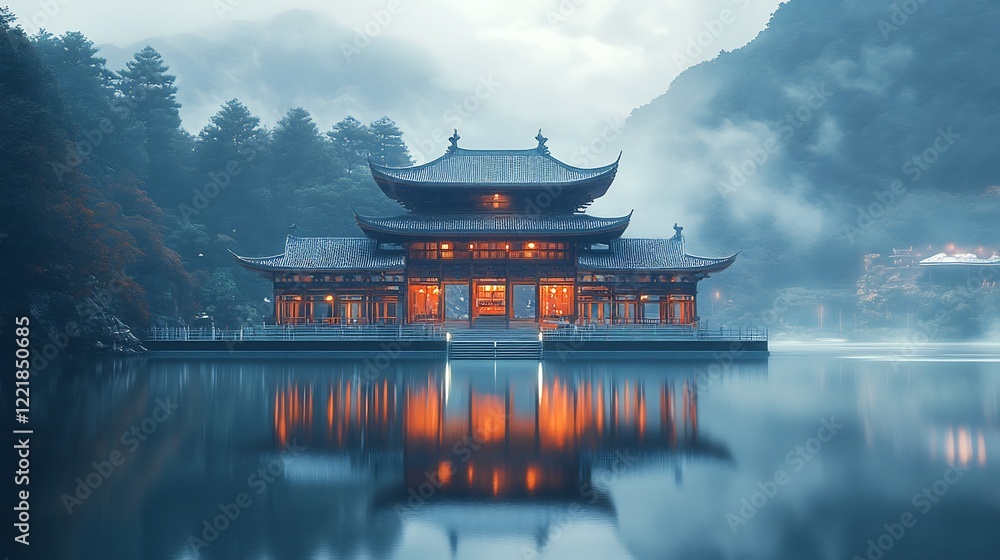 Serene Temple Reflects in Misty Lake at Dawn. AI Generated Serene Temple Reflects in Misty Lake at Dawn. AI Generated