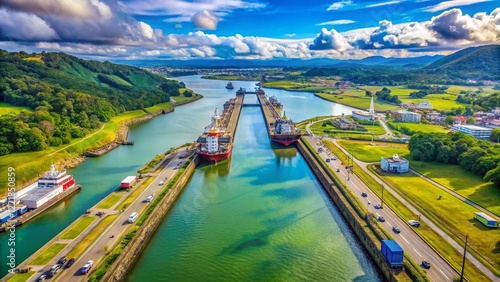 Panama Canal Miraflores Locks Aerial Cinematic Drone Footage High Resolution Stock Photo photo