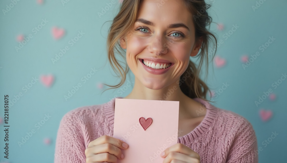 A smiling woman of Dutch descent with blue eyes, radiating joy and warmth, is holding a greeting card valentine while wearing a cozy pink sweater in a light blue background A smiling woman of Dutch descent with blue eyes, radiating joy and warmth, is holding a greeting card valentine while wearing a cozy pink sweater in a light blue background