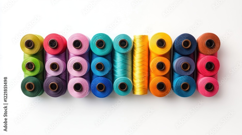 Colorful spools of thread arranged in a row on a white background. (1)