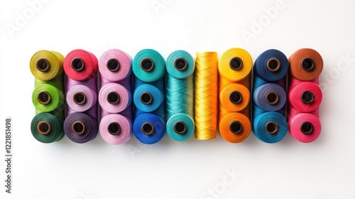 Obraz na płótnie Colorful spools of thread arranged in a row on a white background. (1) w salonie