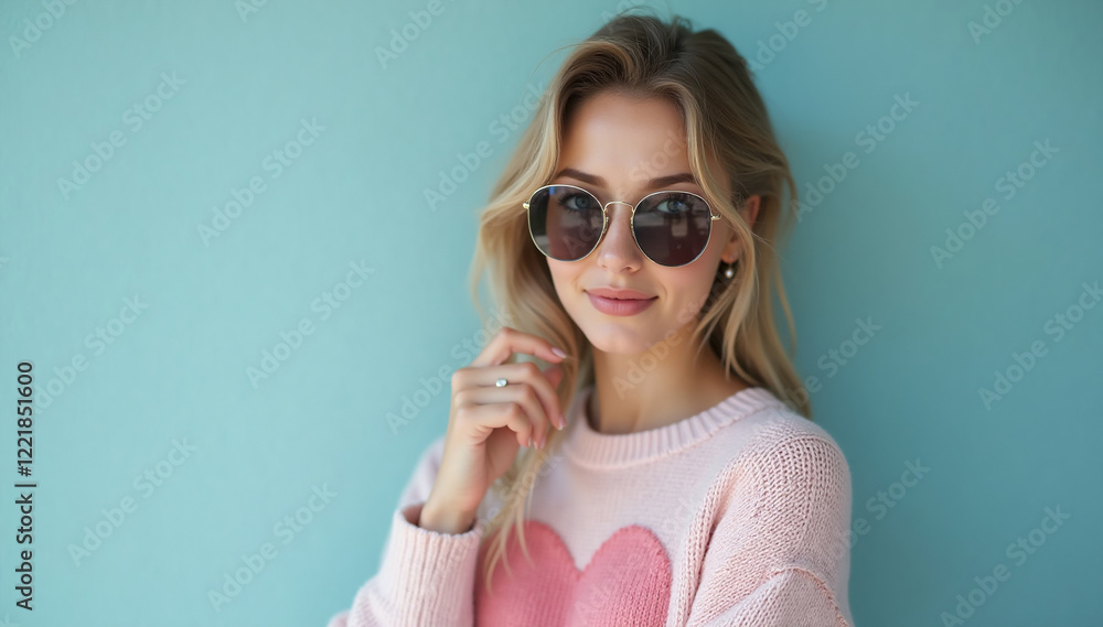 Mid Shot A beautiful young woman of Dutch descent posing for a portrait in a pink heart motif sweater symbolizing Valentine's Day Mid Shot A beautiful young woman of Dutch descent posing for a portrait in a pink heart motif sweater symbolizing Valentine's Day