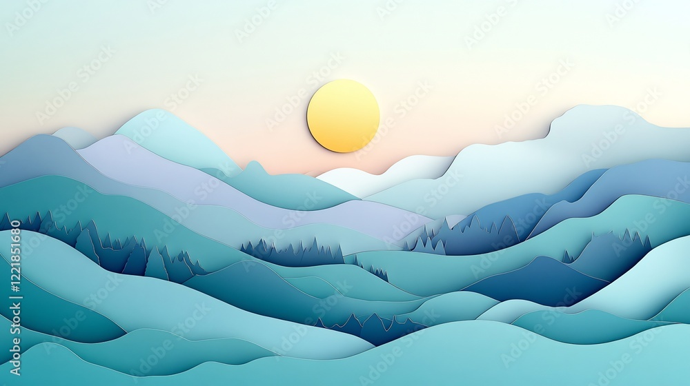 Fototapeta premium Serene Papercut Mountains Sunset Landscape. AI Generated