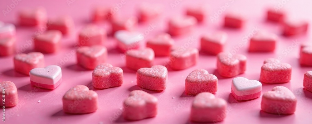 Close-up of vibrant heart candies scattered on pink Valentine's Day themed sweets , romantic, macro Close-up of vibrant heart candies scattered on pink Valentine's Day themed sweets , romantic, macro