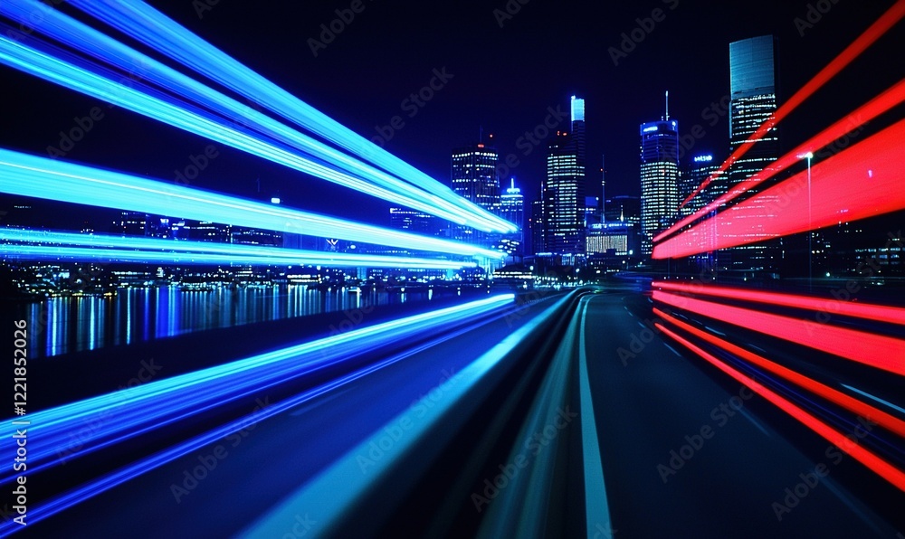 Fototapeta premium City night traffic light trails with blurred cityscape background