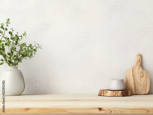 blank tabletop of scandinavian table wood white wall on the background, kitchen, art, mock-up