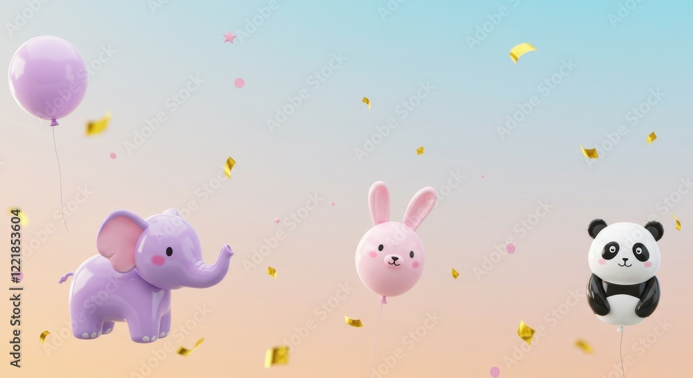 A pastel-colored party background with floating animal-shaped balloons including elephants, rabbits, and pandas on a gradient sky A pastel-colored party background with floating animal-shaped balloons including elephants, rabbits, and pandas on a gradient sky