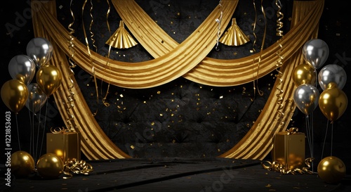 A luxurious backdrop of golden streamers and shiny silver balloons arranged over a dark velvet texture for an elegant party theme