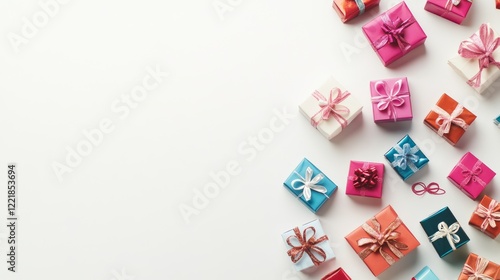 An overhead view of a collection of small, colorful gift boxes scattered across a clean white background, perfect for greeting card advertising .