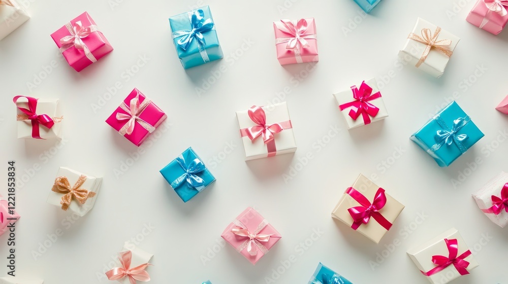 An overhead view of a collection of small, colorful gift boxes scattered across a clean white background, perfect for greeting card advertising . An overhead view of a collection of small, colorful gift boxes scattered across a clean white background, perfect for greeting card advertising .