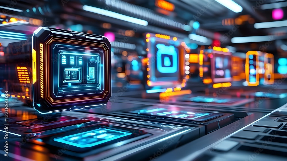 Obraz premium futuristic tech ui interface, digital cube - cyberpunk aesthetics