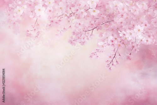 桜の枝が淡いピンクの柔らかな背景に映える春の情景