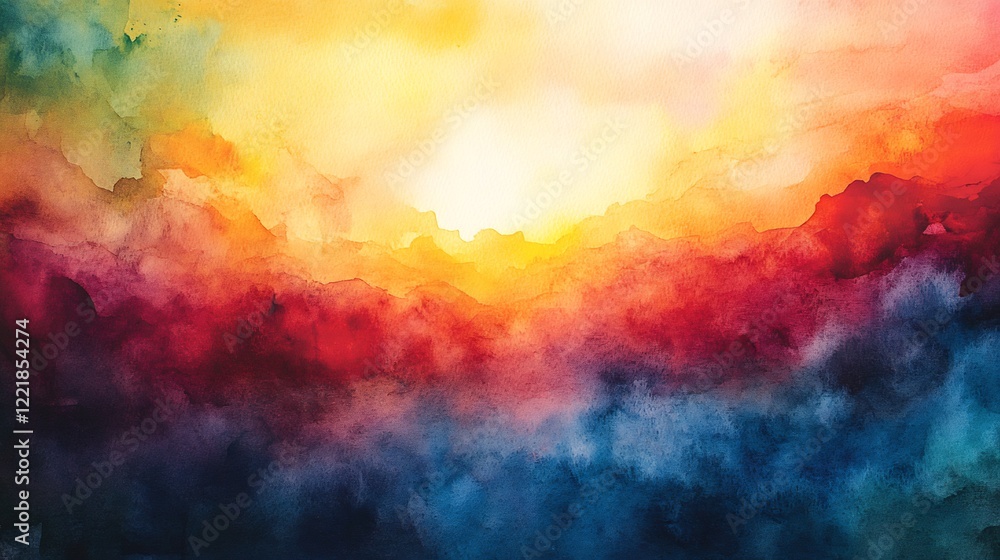 Naklejka premium Vibrant watercolor clouds radiate warm sunlight joyful energy. AI Generated