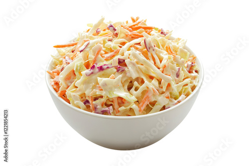 Classic coleslaw with shredded cabbage and creamy dressing in white bowl isolated on white or transparent, PNG