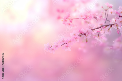 桜の枝が淡いピンクの柔らかな背景に映える春の情景