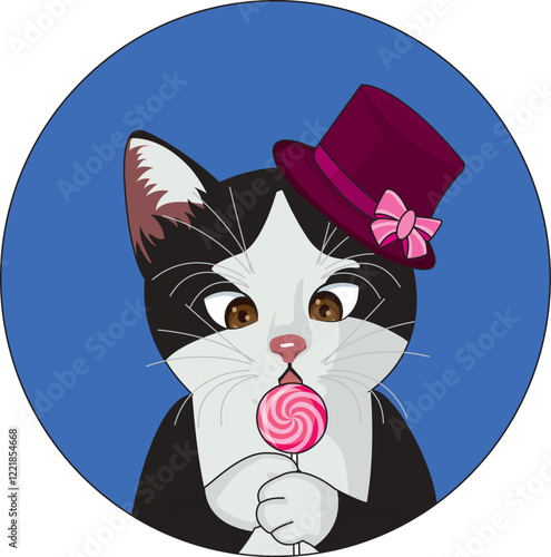 Cute cat with lollipop and wearing top hat logotype vector