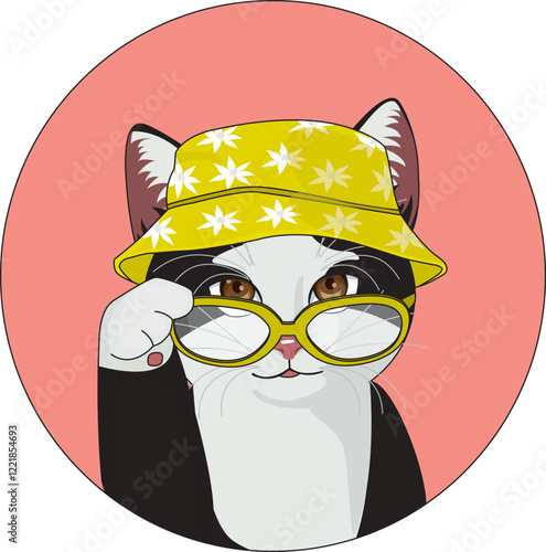 Summer fashion cat with bucket hat and glasses sticker logo