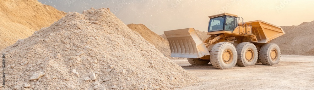 Heavy-duty construction vehicle unloading sand at a construction site with a mountain of sand in the background during a bright sunny day with clear skies Heavy-duty construction vehicle unloading sand at a construction site with a mountain of sand in the background during a bright sunny day with clear skies