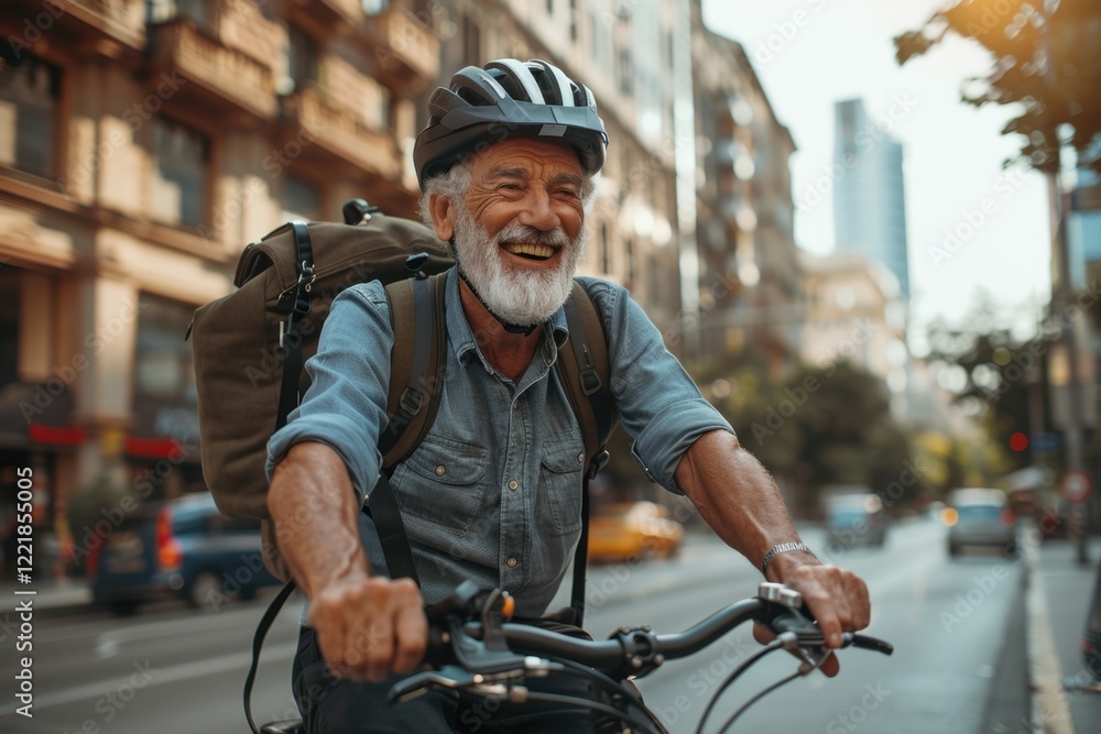 Obraz premium Happy Senior Man Riding Bicycle in Urban Environment with Helmet