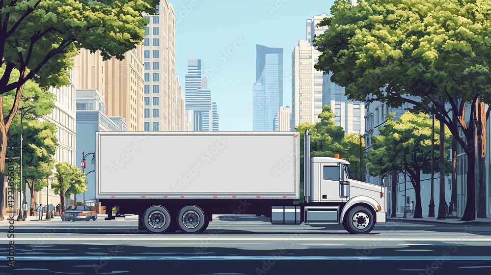 White delivery truck smoothly drives down sunny city street vibrant green trees line the road. AI Generated White delivery truck smoothly drives down sunny city street vibrant green trees line the road. AI Generated