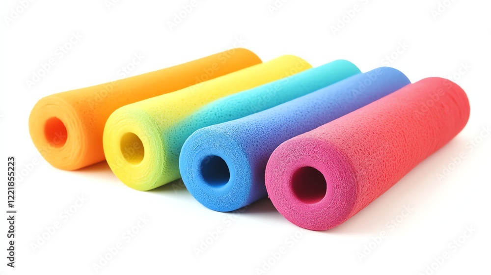 Four colorful pool noodles arranged on a white background. Four colorful pool noodles arranged on a white background.
