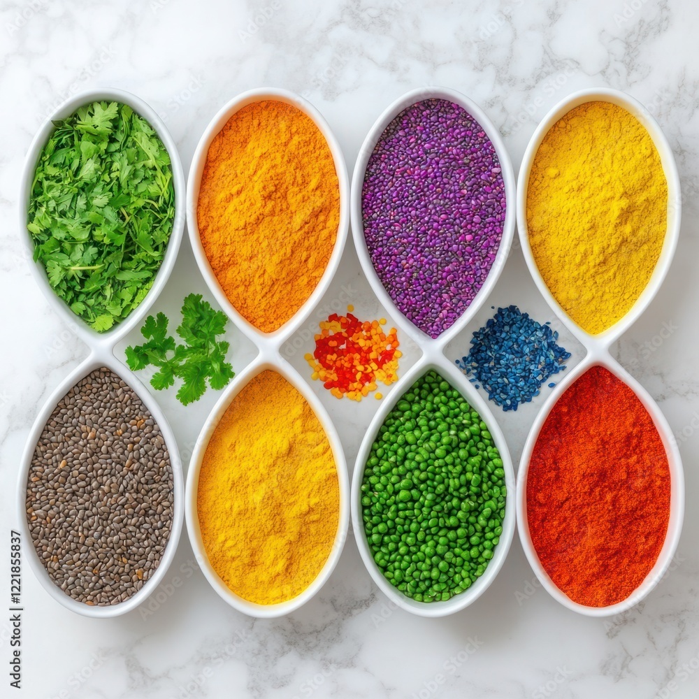 Colorful Display of Spices and Herbs Arranged in Unique Bowls on Marble Surface for Culinary Inspiration and Food Photography Colorful Display of Spices and Herbs Arranged in Unique Bowls on Marble Surface for Culinary Inspiration and Food Photography