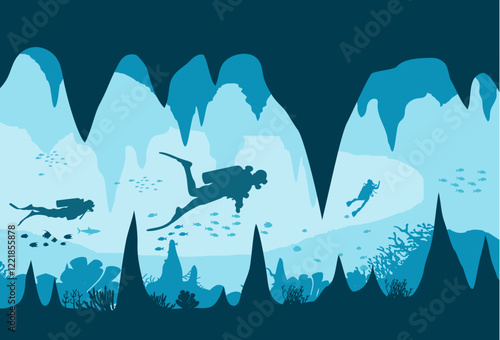 Silhouette of scuba divers and coral reef. Vector illustration